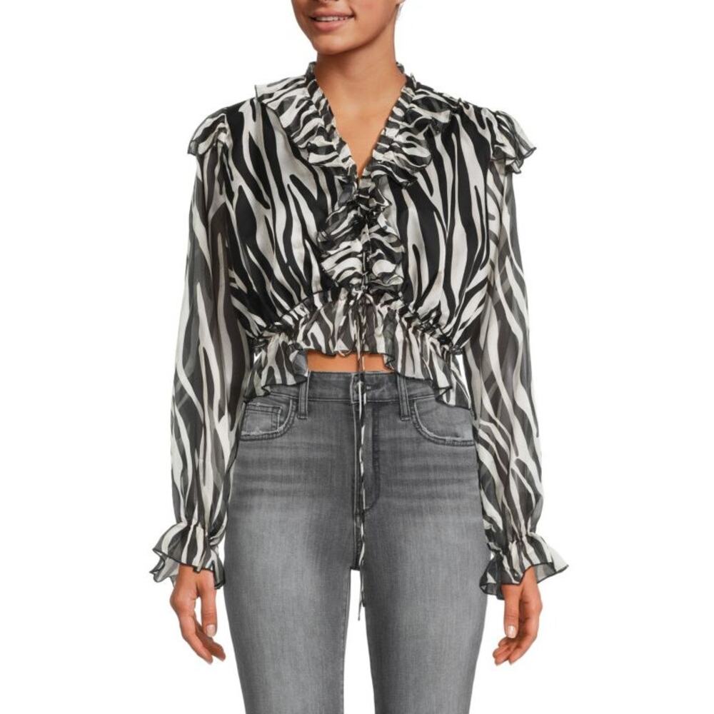 NWT Area Stars‎ Bari Edgy Night Out Boho Chic Sheer Crop Zebra Print Blouse S